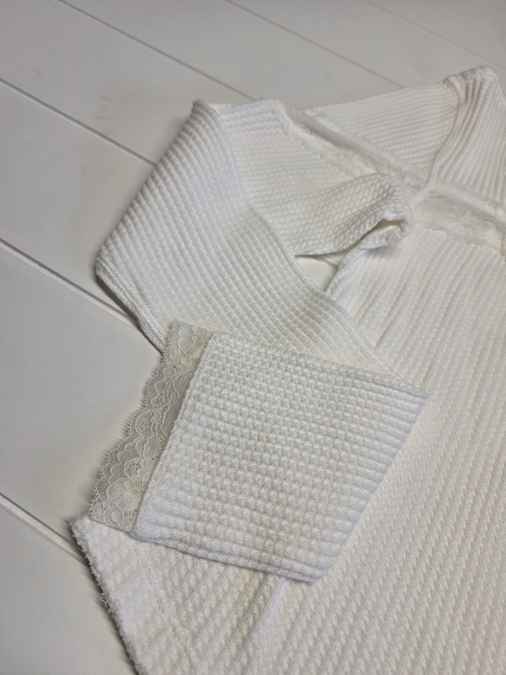 Free People Lets Pardy Cardi White Lace-Trim Thermal Button Womens Large - Picture 4 of 8